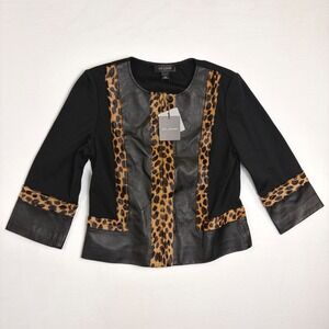 NWT St. John Collection Blazer Women 8 Black Leather Leopard Wool Silk Jacket